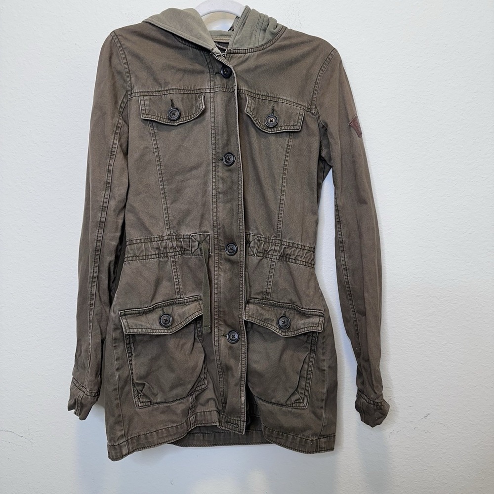 VTG Hollister Women's Hooded Zipped Jacket Coat Sz S Army Green Y2K Bella Dawn